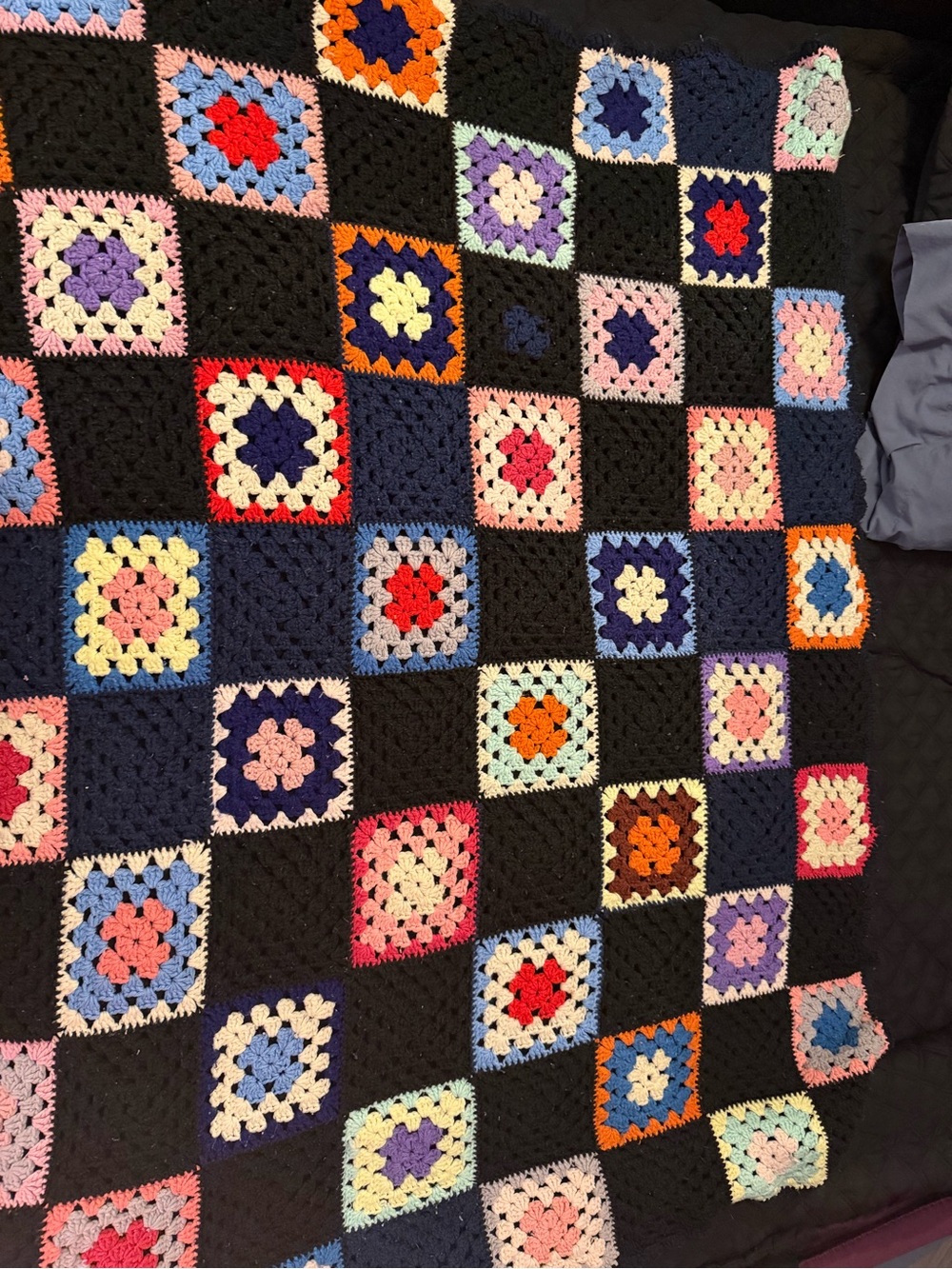Handmade Black Multi-Color Crochet Granny Square Throw Blanket